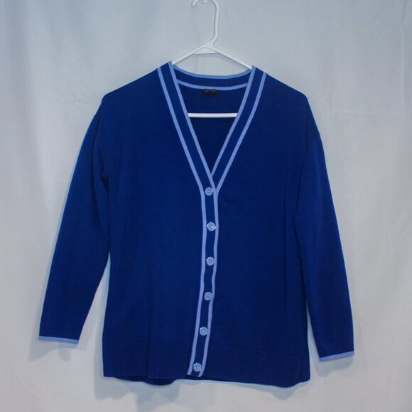 Talbots Royal Blue Contrast Trim Button Front V Neck Cardigan + Matching Shirt - Picture 3 of 13